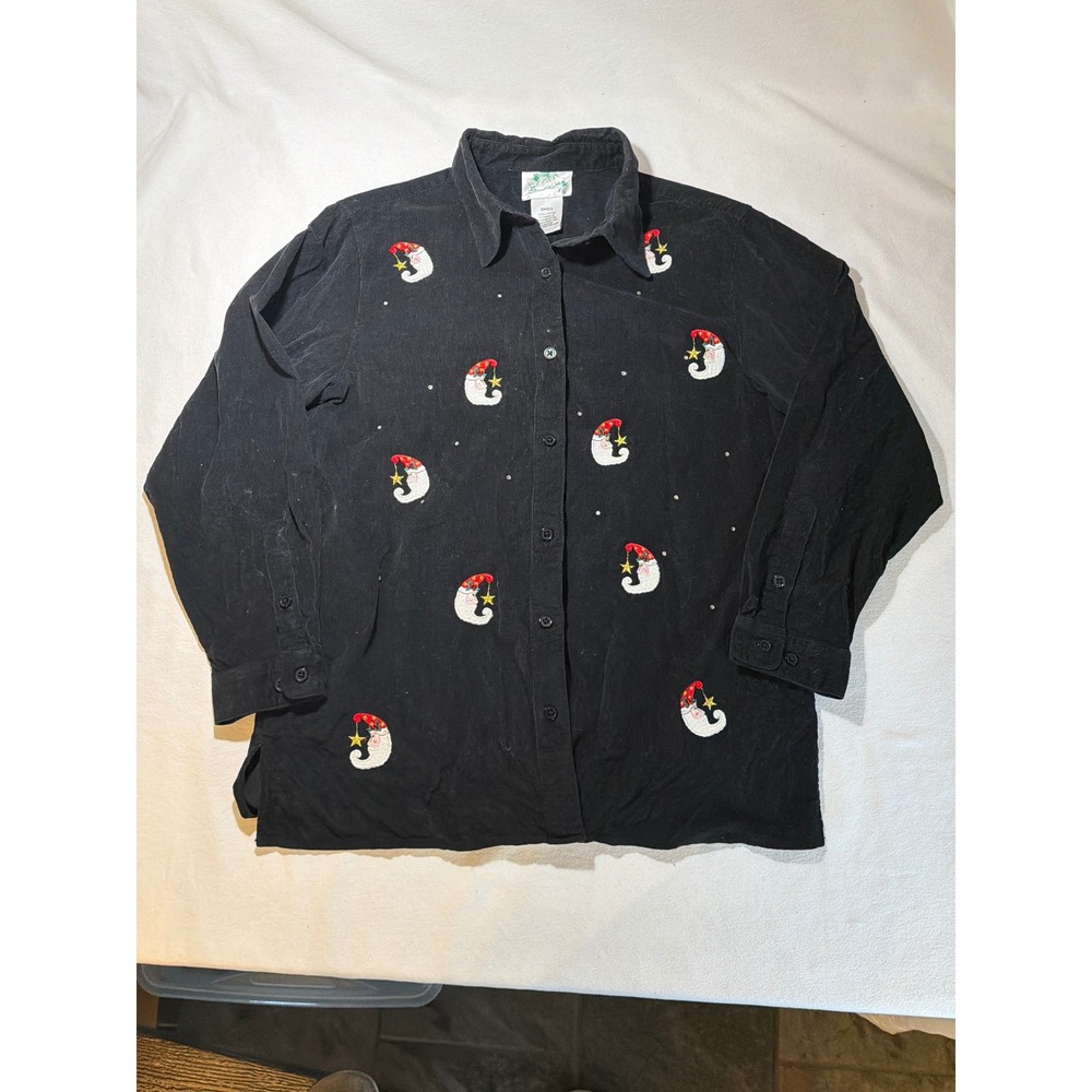Quacker Factory Black Corduroy Santa Moon Embroidered Button Down Shirt Small